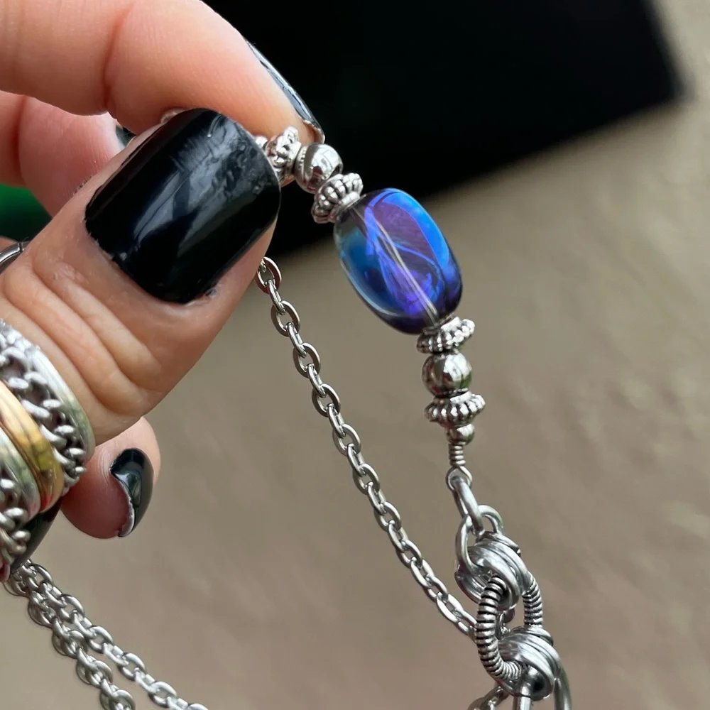 Handmade maille choker necklace blue purple aura crystal stainless steel chain - Picture 12 of 14